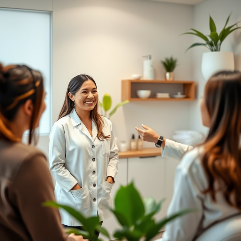 happy female medspa owner with patients